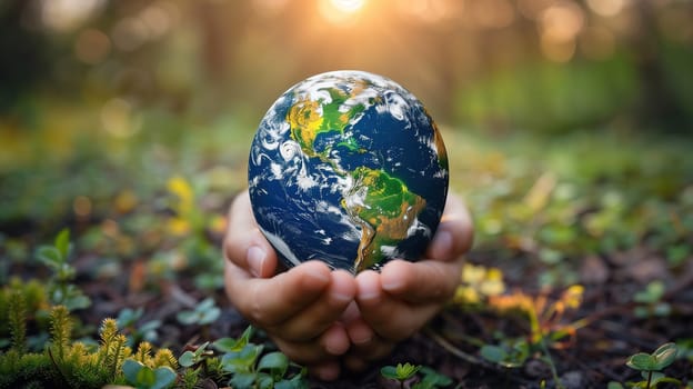 A person is holding a small model of Earth in their hands, showcasing the concept of Earth Day. The individuals hands cradle the globe delicately, symbolizing care and responsibility for the planet.