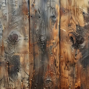 A detailed closeup of a brown hardwood plank fence with a textured pattern of knots. The wood stain and varnish enhance the natural beauty of the wood trunk, creating a stunning piece of art