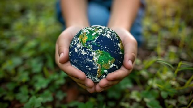 A person holding a small model of Earth in their hands, symbolizing care for the planet on Earth Day. The persons hands cradle the miniature globe gently, highlighting the importance of environmental awareness and protection.