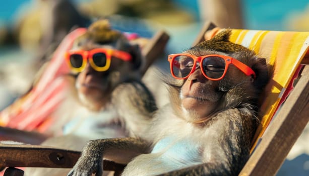 Two monkeys wearing sunglasses are sitting on a beach chair by AI generated image.