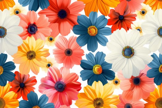 A colorful bouquet of flowers with a variety of colors including red, yellow, blue, and white