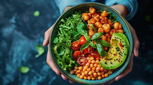 A person is holding a bowl filled with food, featuring avocado slices and chickpeas. The bowl is being held at waist level, showcasing a vibrant and nutritious meal.