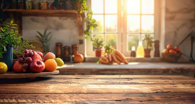 A kitchen counter with a wooden table and a bowl of fruit including apples by AI generated image.