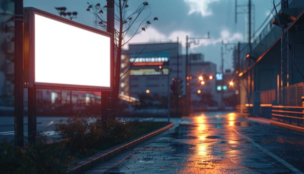 A large white billboard sits on a wet sidewalk in a city by AI generated image.