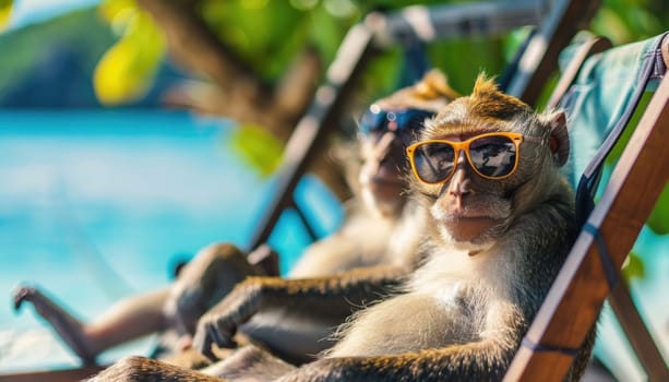 Two monkeys wearing sunglasses are sitting on a beach chair. One of the monkeys is wearing a blue shirt