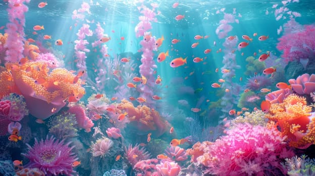 A colorful underwater scene with many fish and coral. Scene is vibrant and lively, with the bright colors of the fish and coral creating a sense of energy and movement