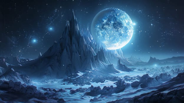 A blue moon is in the sky above a mountain range. The sky is dark and the moon is the only light source. The scene is peaceful and serene, with the moon casting a soft glow on the mountains