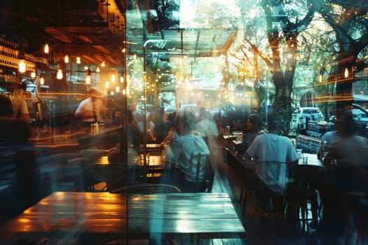 A blurry image of a busy city street with people walking and sitting at tables outside of restaurants. Scene is lively and bustling, with the blurred effect giving a sense of motion and energy