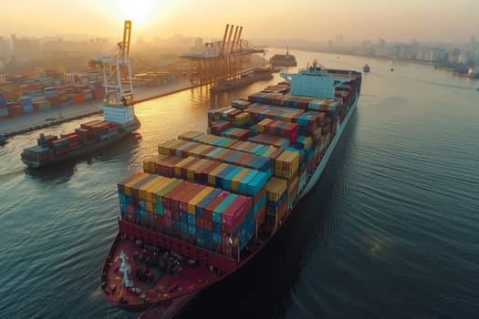 A large cargo ship is sailing in the ocean with a sunset in the background. The ship is surrounded by other ships and a pier. Concept of adventure and exploration, as well as the vastness of the ocean