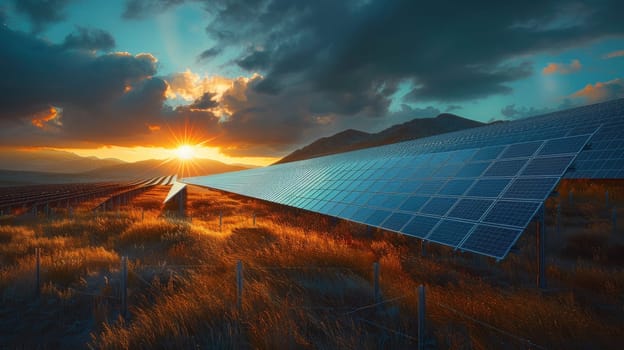 A solar panel farm with a sunset in the background. The sun is setting behind the solar panels, creating a beautiful and serene atmosphere