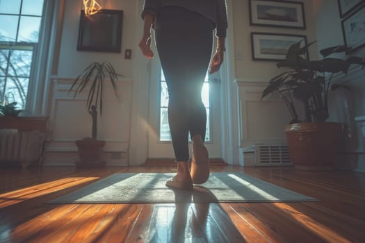 A woman is standing in a room with a lot of plants. The room is well lit and the sun is shining through the window