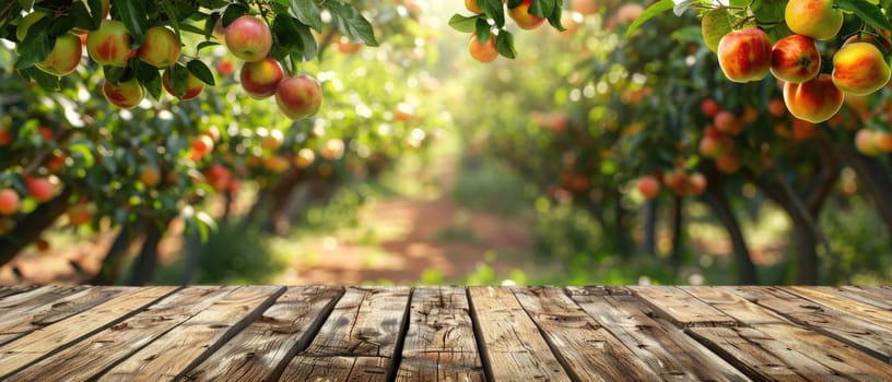 A wooden table with a view of an orange grove by AI generated image.