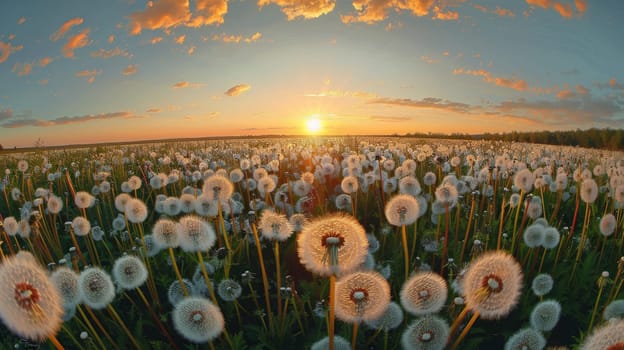 A field of dandelions is in full bloom, with the sun setting in the background. The scene is serene and peaceful, with the dandelions swaying gently in the breeze