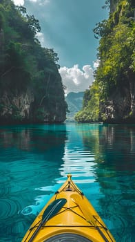 A yellow kayak drifts peacefully on the serene lake, encircled by majestic mountains under a clear blue sky, creating a picturesque natural landscape