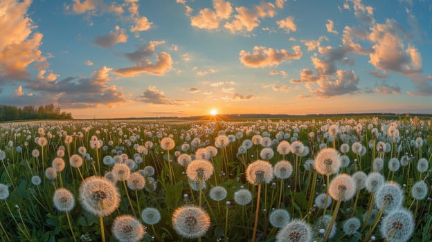 A field of dandelions is in full bloom, with the sun setting in the background. The scene is serene and peaceful, with the dandelions swaying gently in the breeze