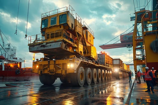 A large red truck is being loaded with a large object in a warehouse. Scene is industrial and busy, with the truck being the center of attention