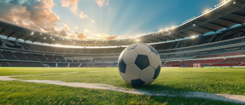 A soccer ball is on the field in front of a stadium by AI generated image.