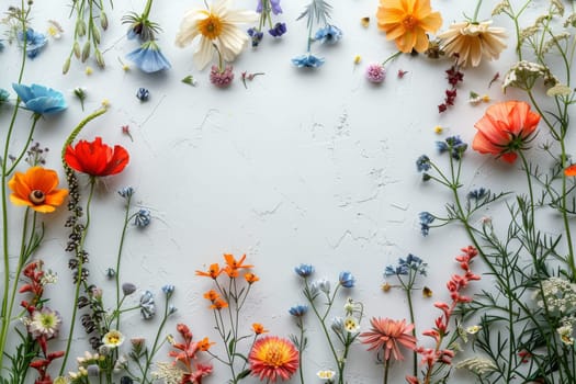 A white frame with a floral border and a large orange flower in the center. The frame is filled with various flowers, including daisies, roses, and sunflowers. Scene is cheerful and bright