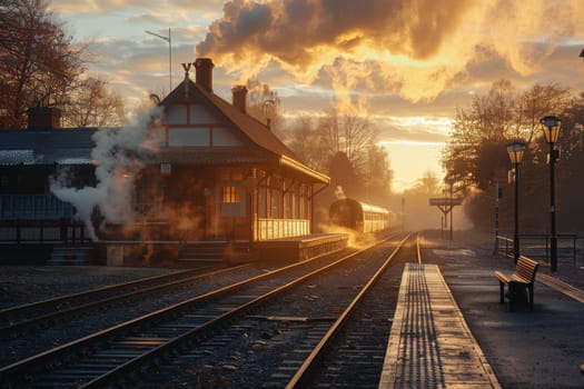 A train is sitting on the tracks at a train station. The train is surrounded by a lot of smoke and steam. The train is the only thing visible in the image