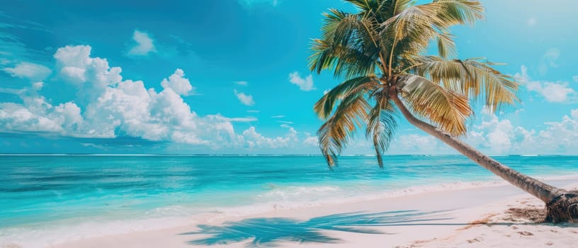 A palm tree is on a beach with a clear blue sky by AI generated image.