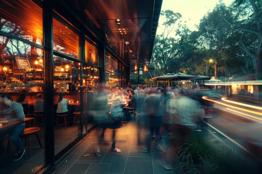 A blurry image of a busy city street with people walking and sitting at tables outside of restaurants. Scene is lively and bustling, with the blurred effect giving a sense of motion and energy