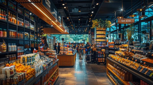 A busy grocery store with people shopping for produce. The atmosphere is lively and bustling. There are many different types of fruits and vegetables on display, including apples, oranges