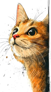 A painting of a Felidae, a small to mediumsized carnivorous cat, peeking out from behind a wall. The cats fawncolored fur, whiskers, and snout are beautifully depicted in the artwork