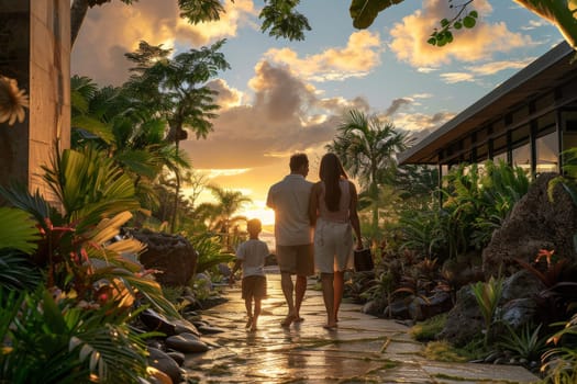 A family walks down a path in a tropical garden. The sun is setting, casting a warm glow over the scene. The family is enjoying a leisurely stroll, taking in the beauty of the garden