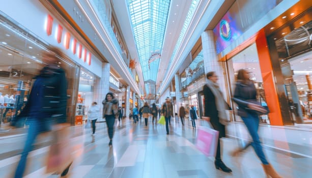 A busy shopping mall with people walking around and carrying shopping bags by AI generated image.