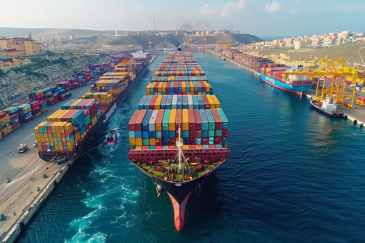 A large cargo ship is sailing in the ocean with a sunset in the background. The ship is surrounded by other ships and a pier. Concept of adventure and exploration, as well as the vastness of the ocean