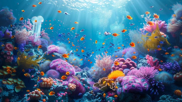 A colorful underwater scene with many fish and coral. Scene is vibrant and lively, with the bright colors of the fish and coral creating a sense of energy and movement