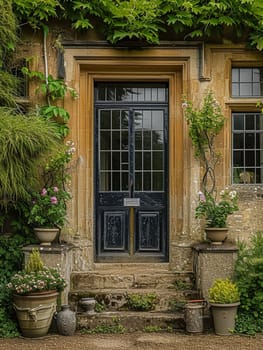 Entrance to a historic manor, framed by antique architectural elements and flanked by potted topiaries, features an aged door, the surrounding ivy and stonework add to the timeless elegance of the property