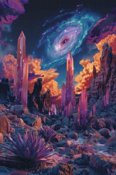 A colorful, fantastical cityscape with many tall buildings and a large crystal mountain in the background