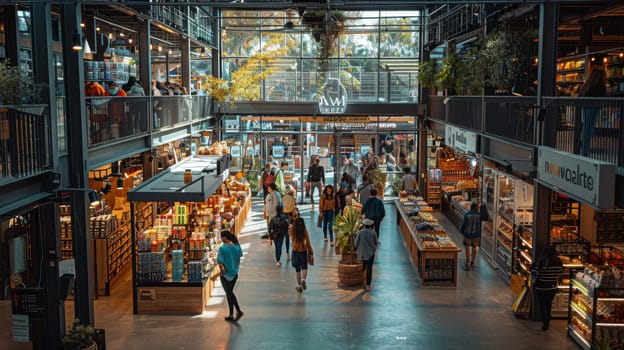 A busy grocery store with people shopping for produce. The atmosphere is lively and bustling. There are many different types of fruits and vegetables on display, including apples, oranges