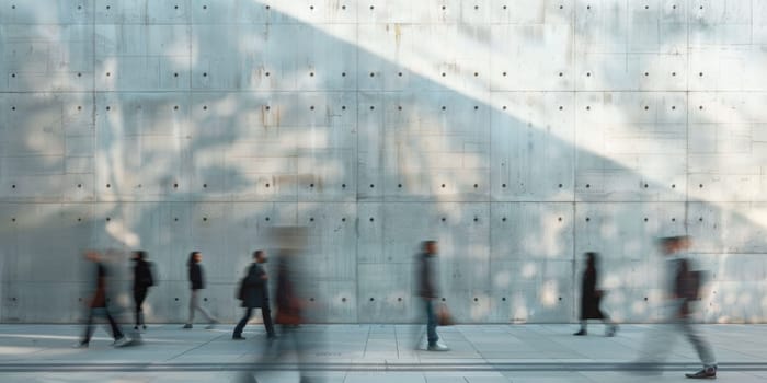 A group of people walking down a sidewalk in front of a wall by AI generated image.