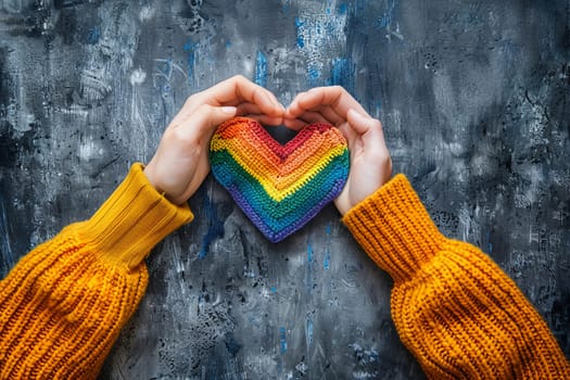 A group of people holding hands to form a heart with rainbow colors. Concept of unity and love among the crowd