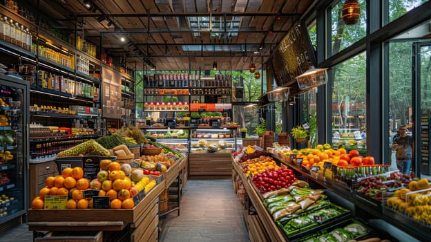 A busy grocery store with people shopping for produce. The atmosphere is lively and bustling. There are many different types of fruits and vegetables on display, including apples, oranges