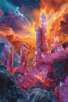 A colorful, fantastical cityscape with many tall buildings and a large crystal mountain in the background