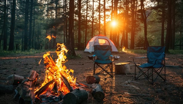 A campsite with a fire and two blue chairs by AI generated image.