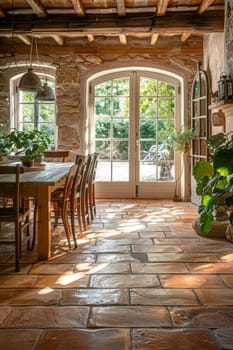 A large room with a dining table and chairs, and a rug on the floor. The room has a rustic feel with a lot of wood and brick elements