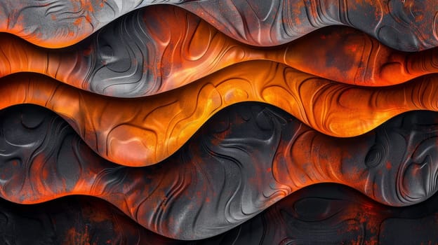 A series of orange and black waves with a fiery orange background. The waves are made of a material that looks like it's made of sand or some kind of textured paint. Scene is intense and dramatic