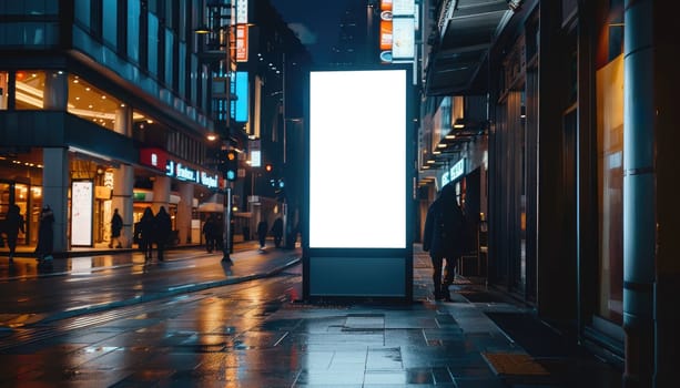 A large white billboard sits on a wet sidewalk in a city by AI generated image.