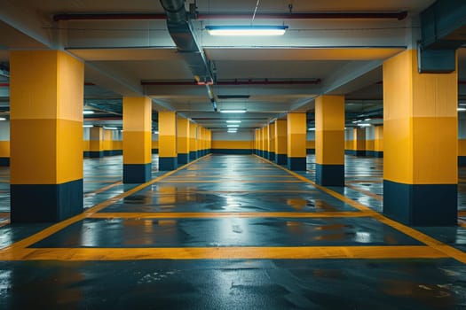 A parking garage with yellow and black stripes on the walls by AI generated image.