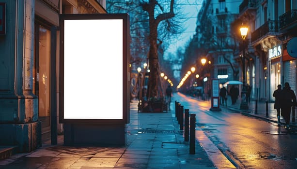 A large white billboard sits on a wet sidewalk in a city by AI generated image.