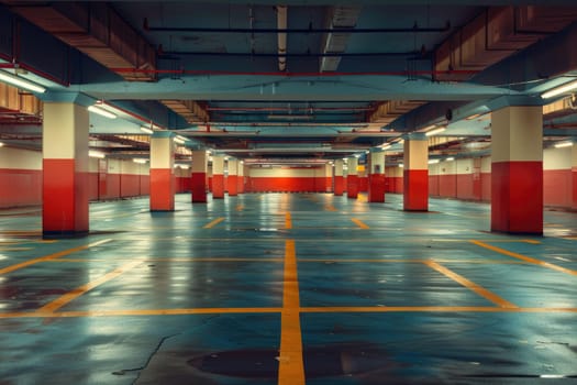A parking garage with yellow lines on the floor by AI generated image.
