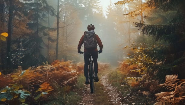 A man is riding a bicycle down a path in the woods by AI generated image.
