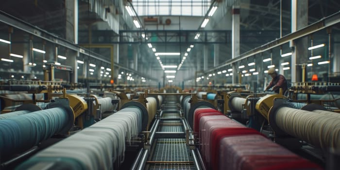 A photo of interior of woven factory with machine working while waving cloth. A machines stand sentinel, their mechanical arms reaching out with precision to manipulate threads and yarns. AIG42.