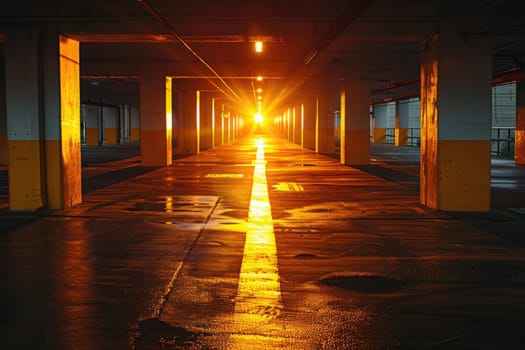 A long, empty parking garage with yellow and white lines on the floor by AI generated image.