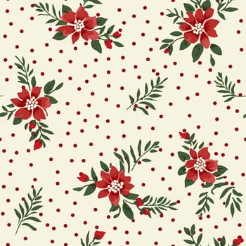 Seamless pattern, tileable Christmas holiday floral country dots print, English countryside flowers for wallpaper, wrapping paper, scrapbook, fabric and product design motif