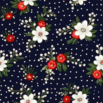 Seamless pattern, tileable Christmas holiday floral country dots print on dark background, English countryside flowers for wallpaper, wrapping paper, scrapbook, fabric and product design motif